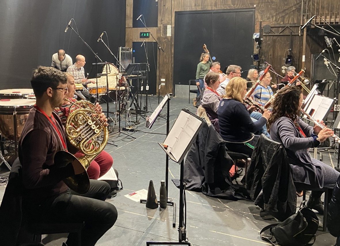 Session musicians recording Berkeley's score for The Winter's Tale in the RSC's studio theatre, The Other Place, Stratford-upon-Avon, in March 2023.